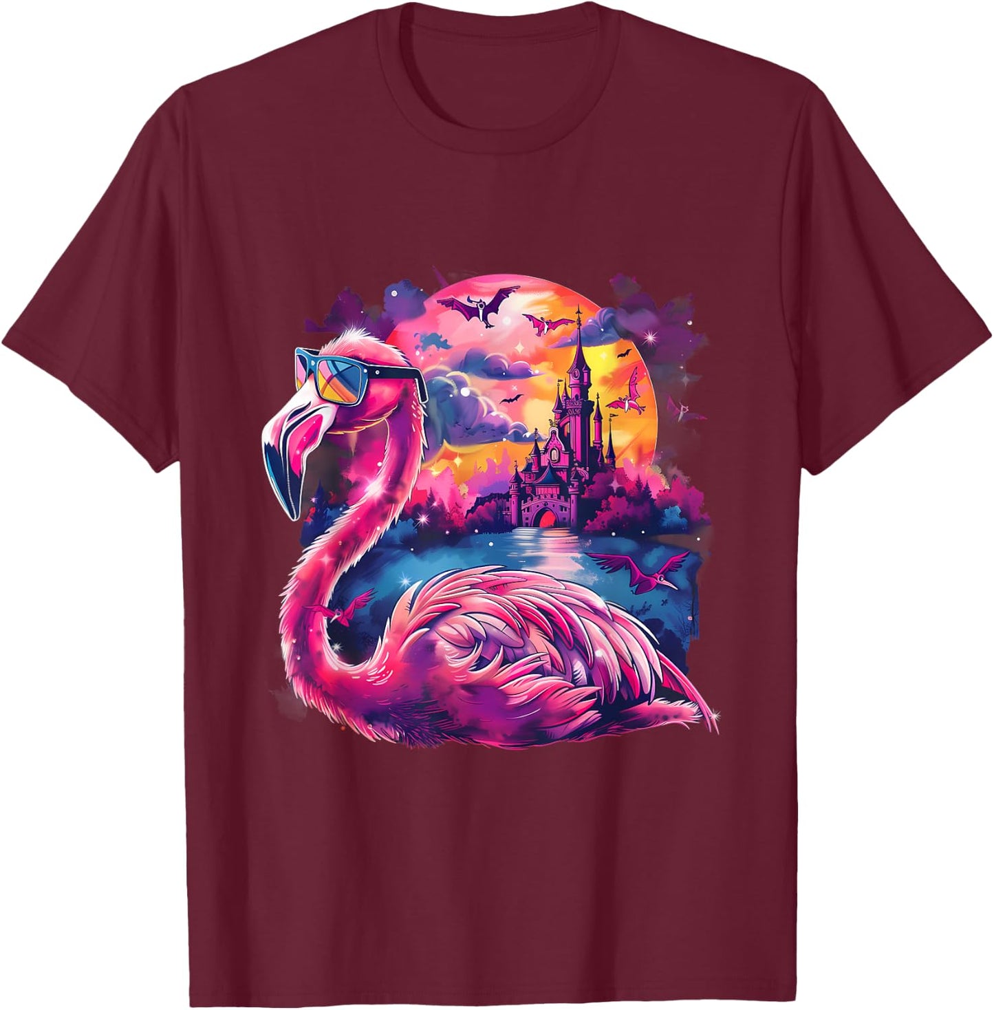 Halloween Flamingo Bats Haunted Castle Trick Or Treat Moon T-Shirt - T-Shirt | Maroon