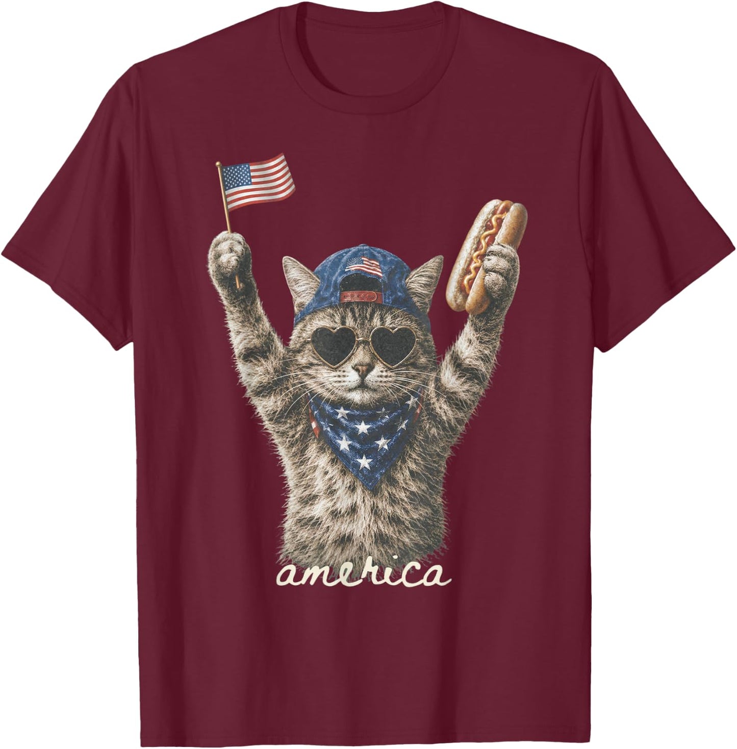 Funny America Cat Hotdog 4th of July US Flag Patriotic T-Shirt - T-Shirt | Maroon