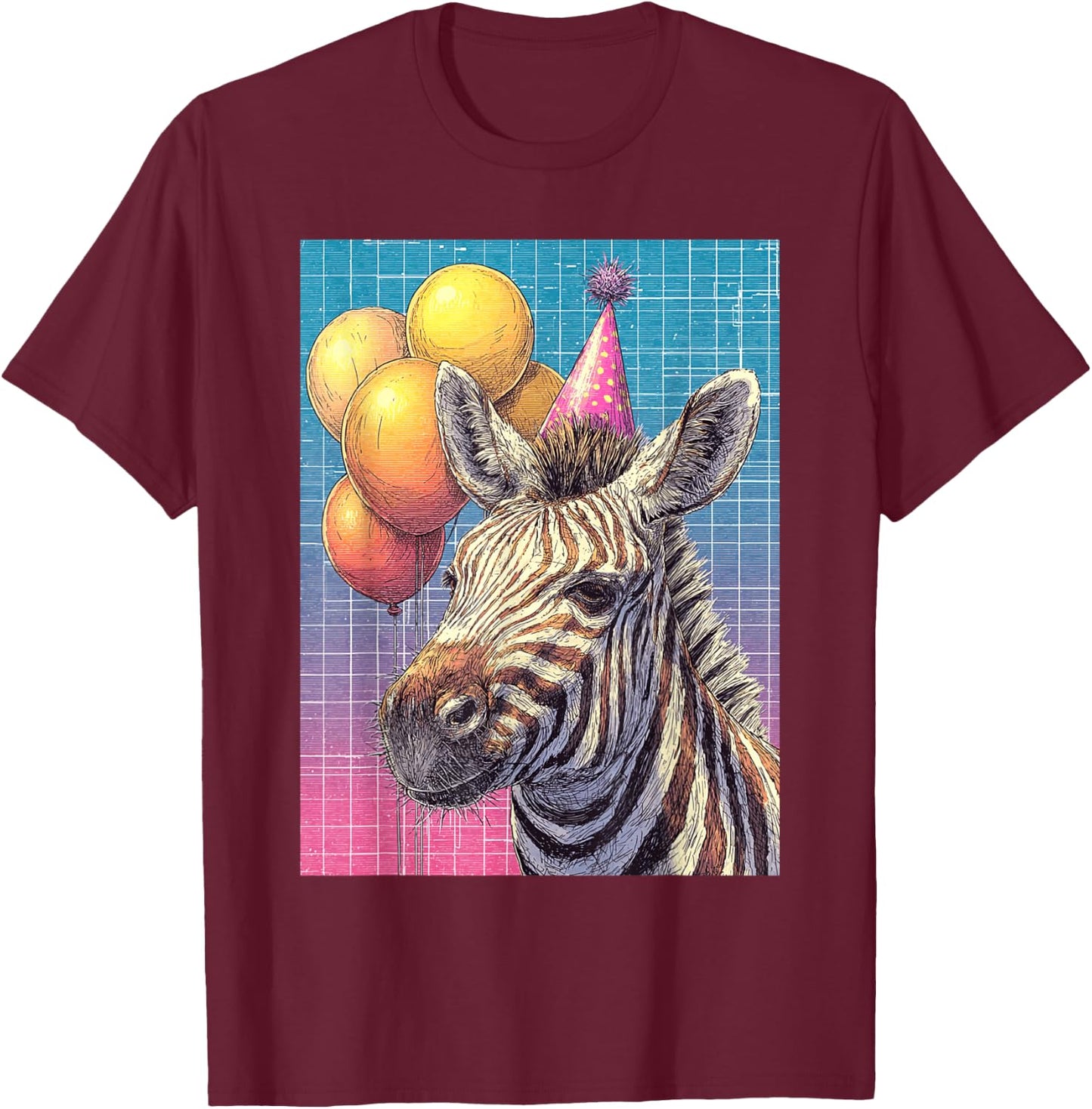 Zebra Synthwave Print Birthday Party Balloons & Party Hat T-Shirt - T-Shirt | Maroon