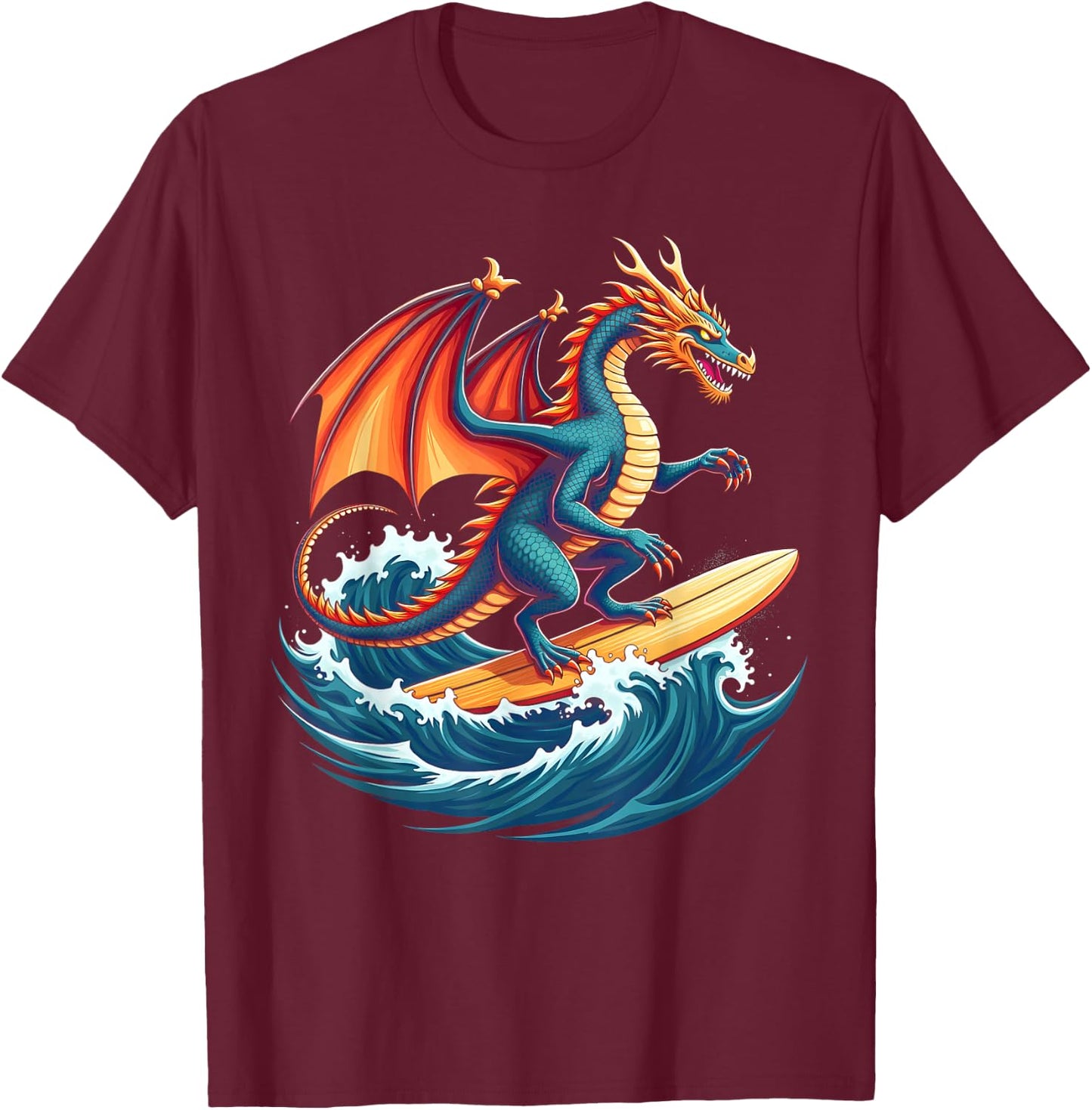 Fire Waves Dragon Surfer Mythical Surfing Beach Surfboarder T-Shirt - T-Shirt | Maroon