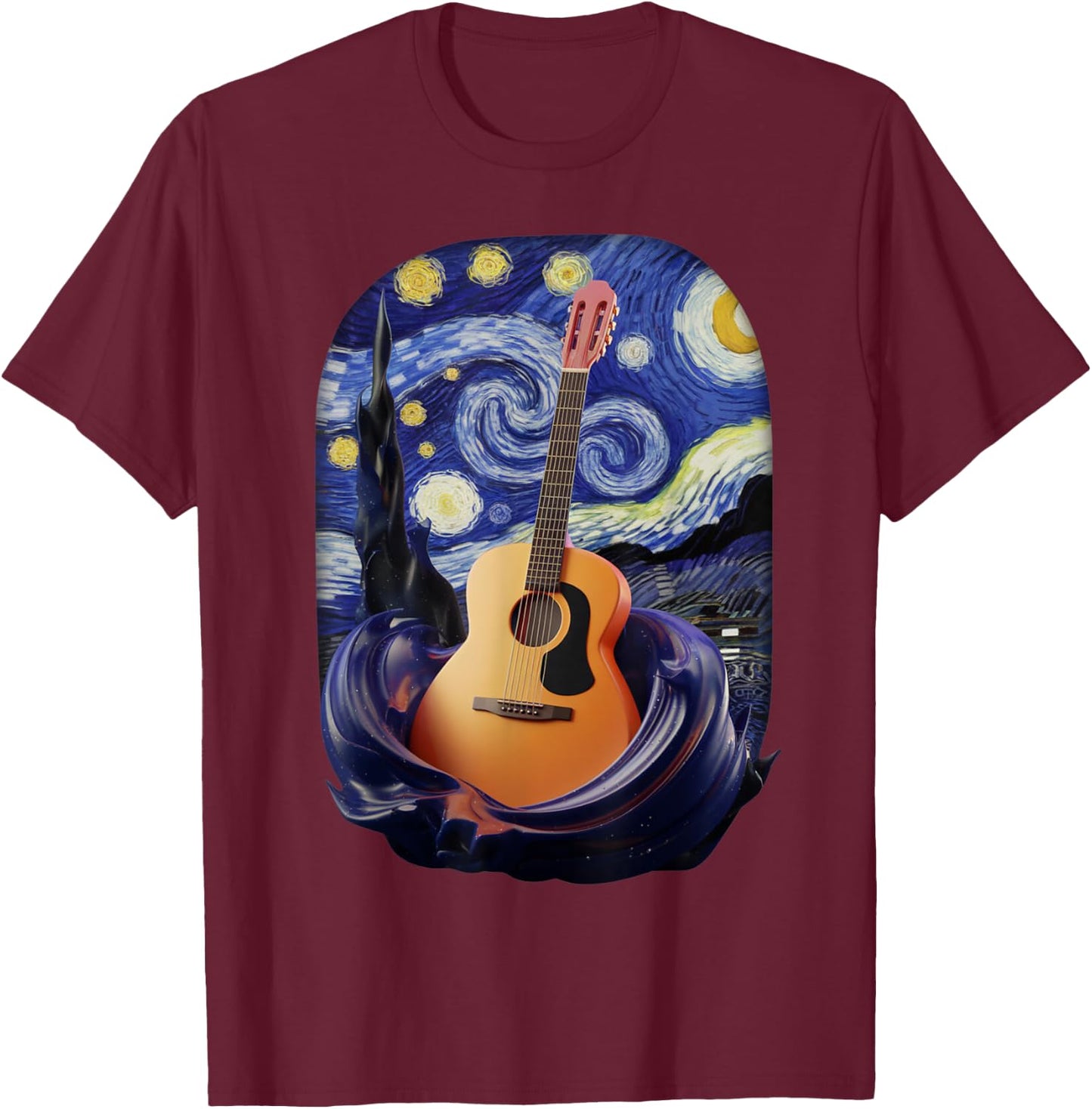 Starry Night Inspired Acoustic Guitar Art T-Shirt - T-Shirt | Maroon
