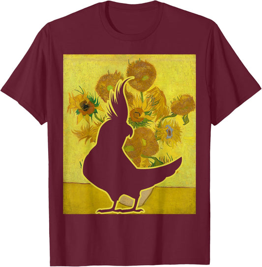 Cockatiel Sunflowers Van Gogh Cockatiel Parrot Birding T-Shirt - T-Shirt | Maroon