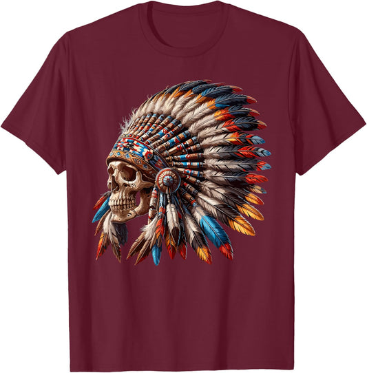 Indian Skull Motorcycle Headdress Indian , Black T-Shirt - T-Shirt | Maroon