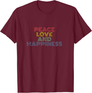 Peace Love Happiness Retro Rainbow Positivity Vibes T-Shirt - T-Shirt | Maroon