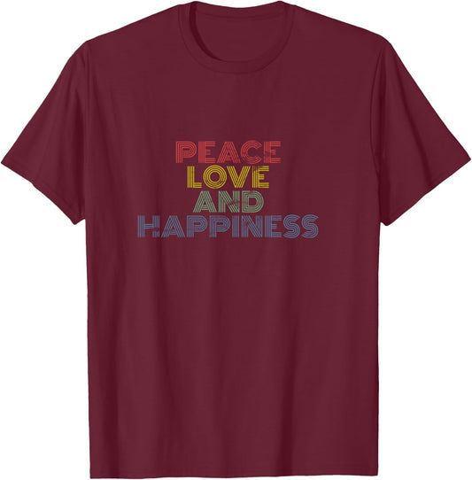 Peace Love Happiness Retro Rainbow Positivity Vibes T-Shirt - T-Shirt | Maroon