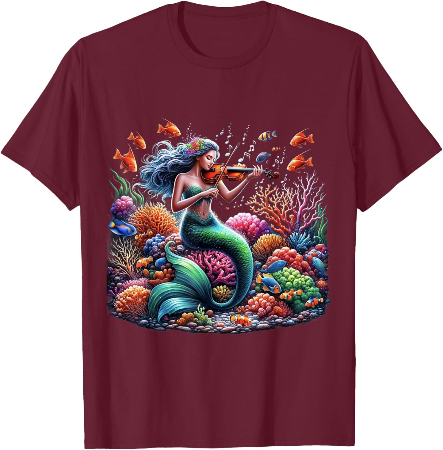 Mermaid With Violin Underwater Music Print T-Shirt - T-Shirt | Maroon