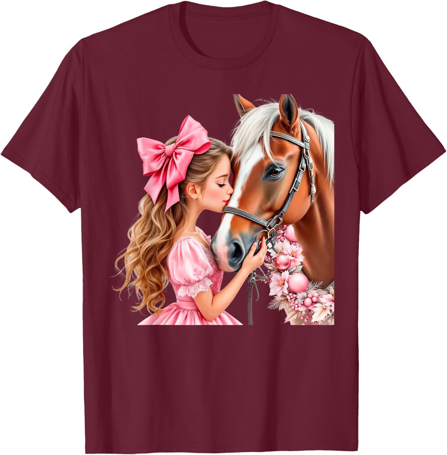 Horse Christmas Girl Equestrian Rider Cowgirl Pink Floral T-Shirt - T-Shirt | Maroon
