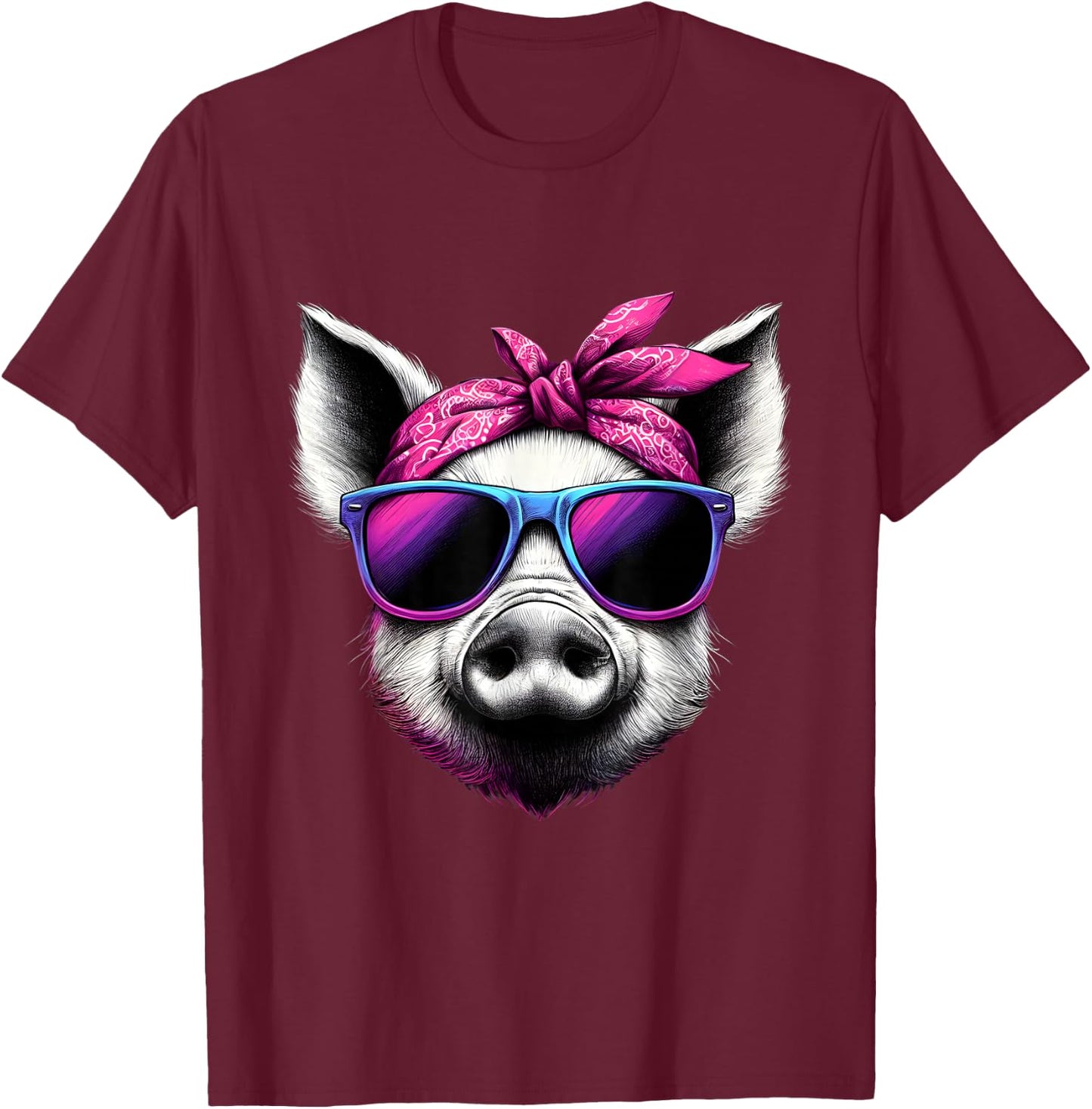 Pig Wearing A Pink Bandana Headband And Sunglasses T-Shirt - T-Shirt | Maroon