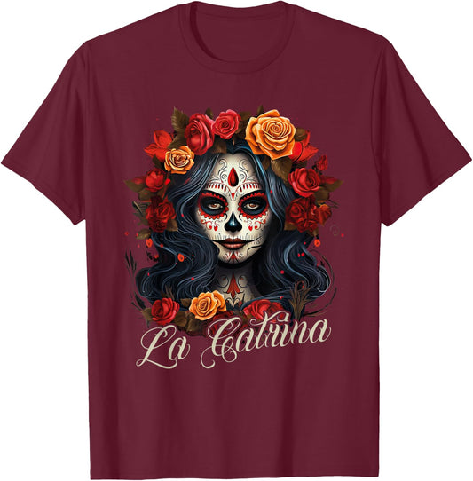 La Catrina Cool Dia De Los Muertos Design La Catrina , black T-Shirt - T-Shirt | Maroon