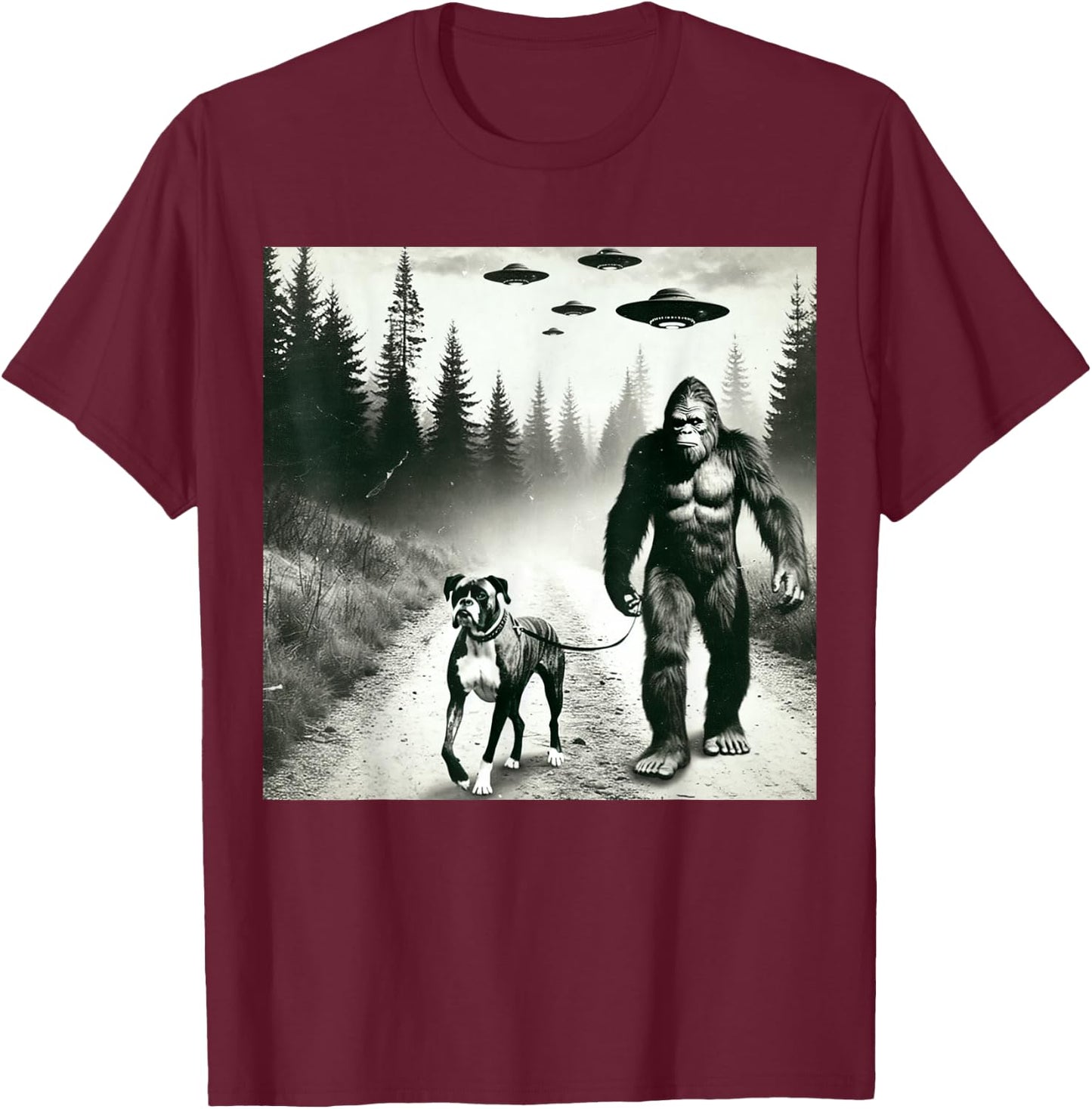Funny Bigfoot Walking With Boxer Dog. Bigfoot And Dog UFO T-Shirt - T-Shirt | Maroon