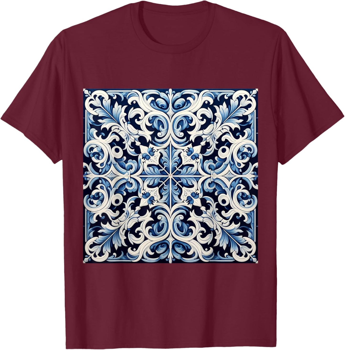 Blue and white Portuguese plaid pattern Mediterranean art T-Shirt - T-Shirt | Maroon