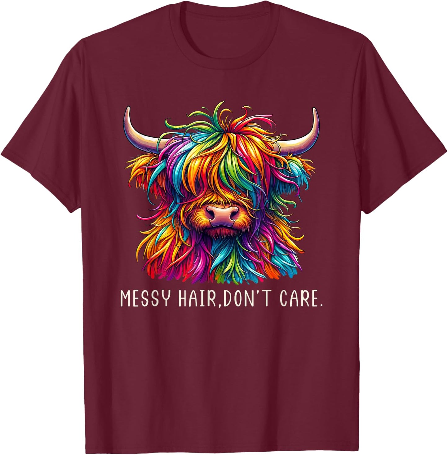 Highland Cow Messy Hair Colorful T-Shirt - T-Shirt | Maroon