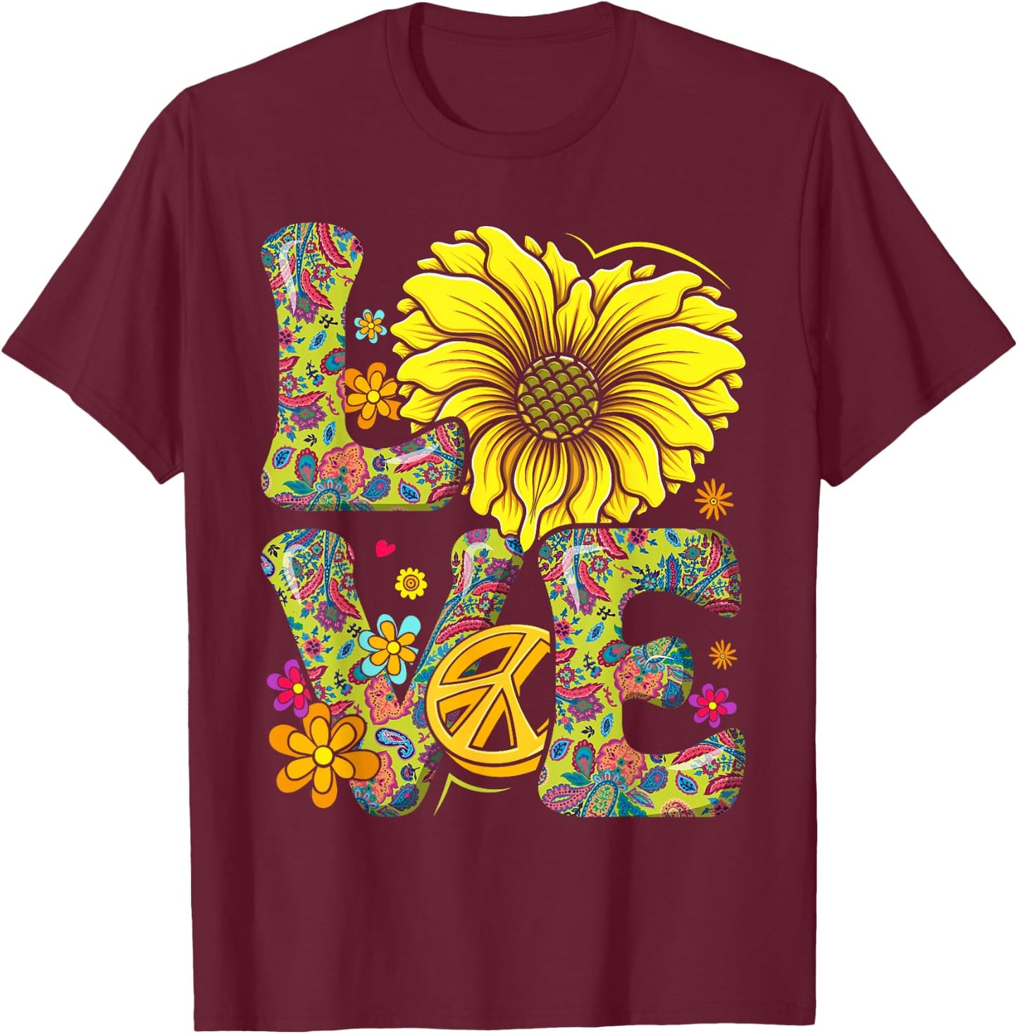 Flower Power Love Retro Hippie 60s 70s Peace , black T-Shirt - T-Shirt | Maroon