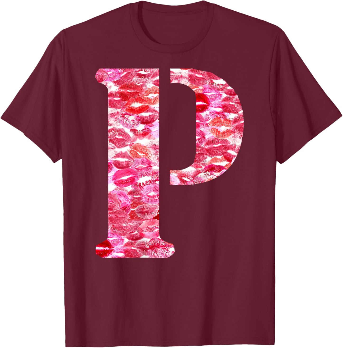 Back Print Only - Lipstick Kisses For Boyfriend Letter P T-Shirt - T-Shirt | Maroon