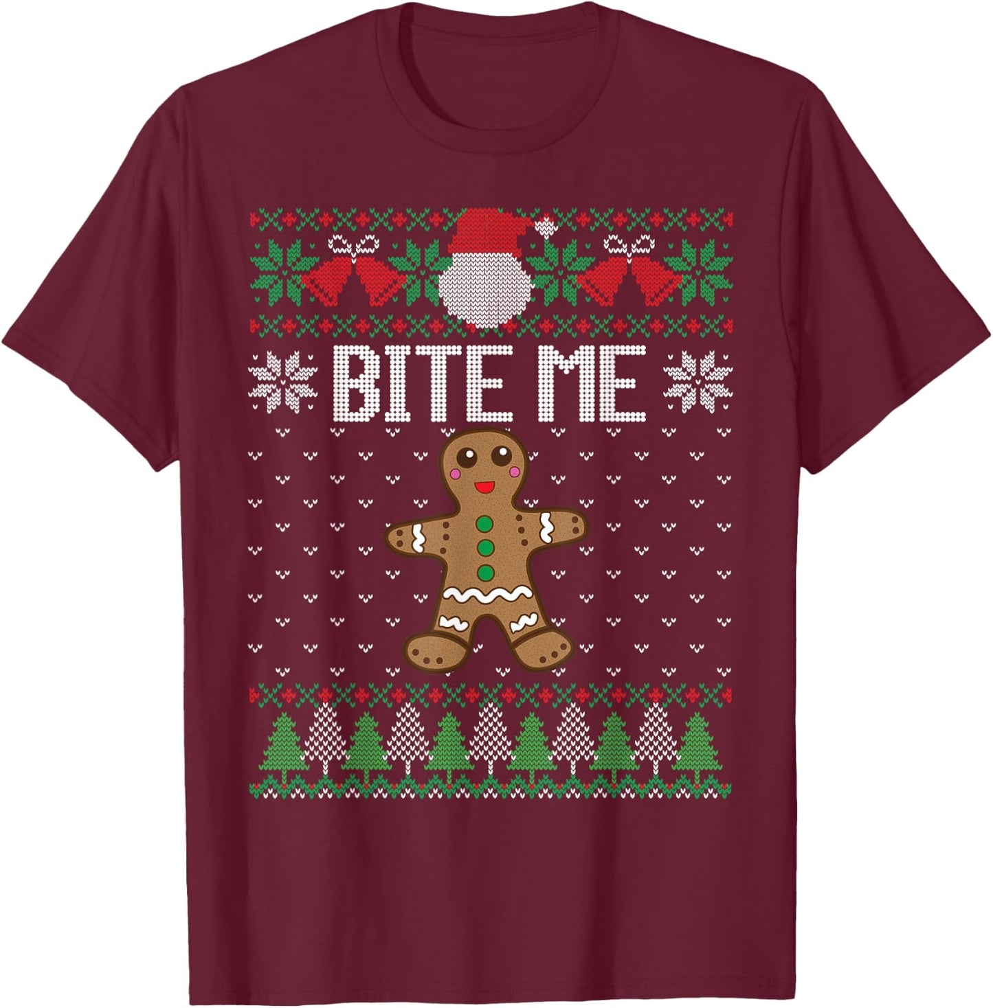 Funny Ugly Christmas Sweater Bite Me Gingerbread Man T-Shirt - T-Shirt | Maroon