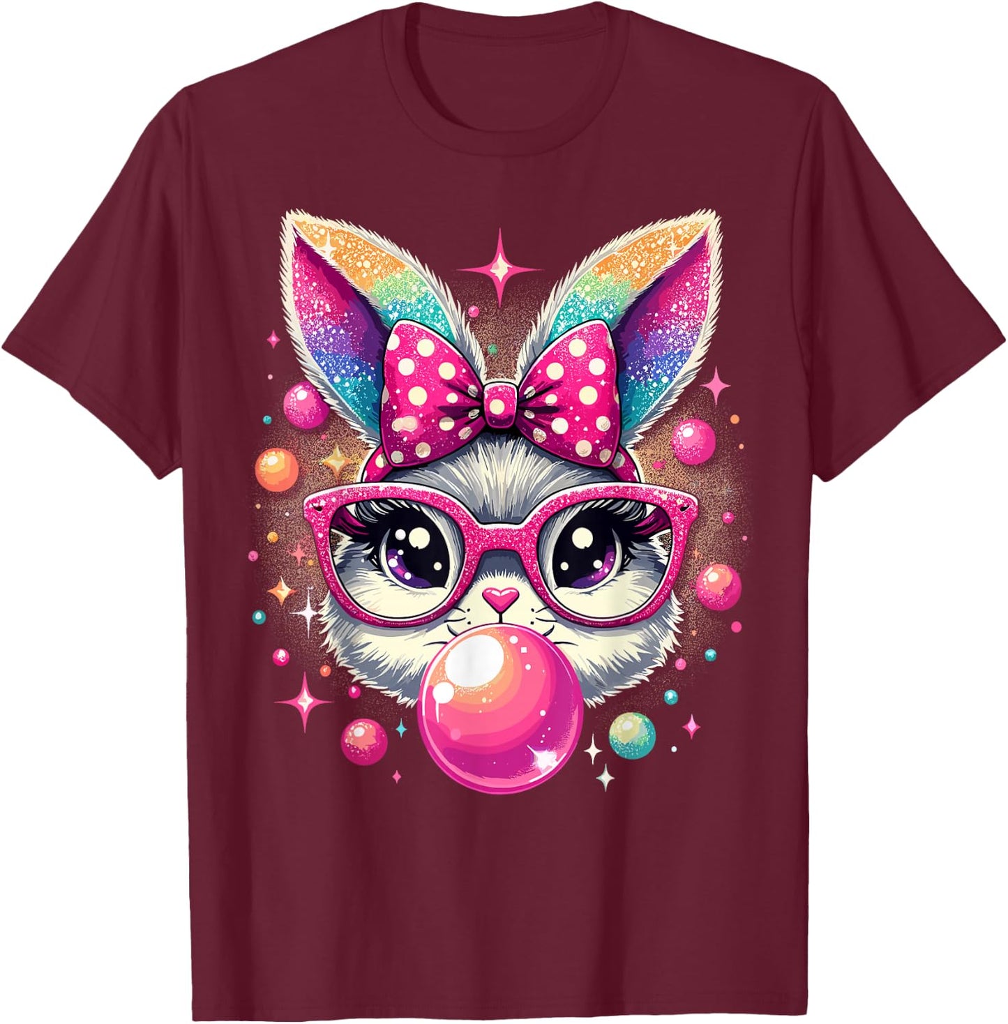 Happy Easter Bunny Tie Dye Coquette Bow Rabbit Face Easter T-Shirt - T-Shirt | Maroon