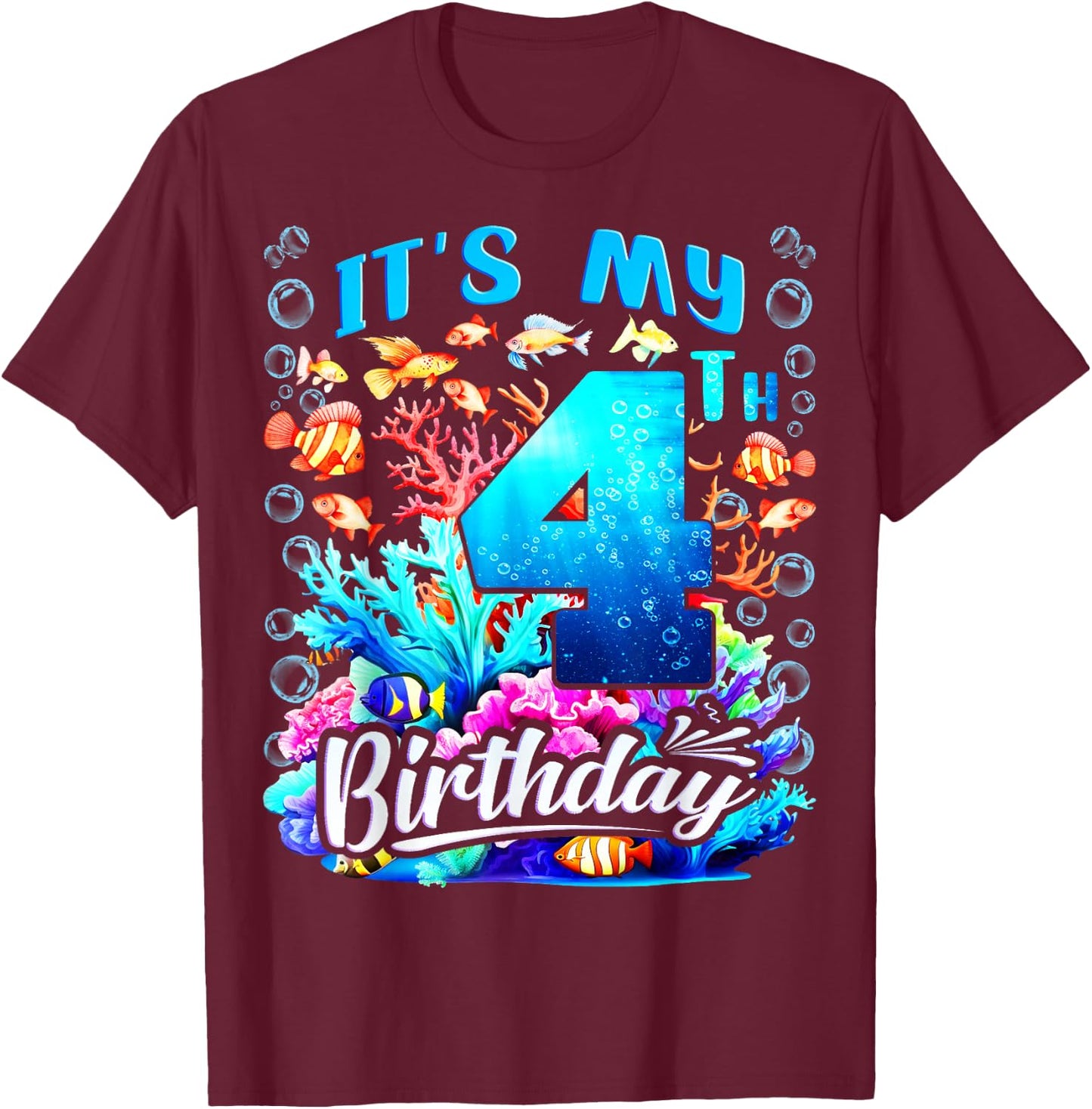 It's My 4th Birthday Boy Sea Fish Ocean Animals Aquarium T-Shirt - T-Shirt | Maroon