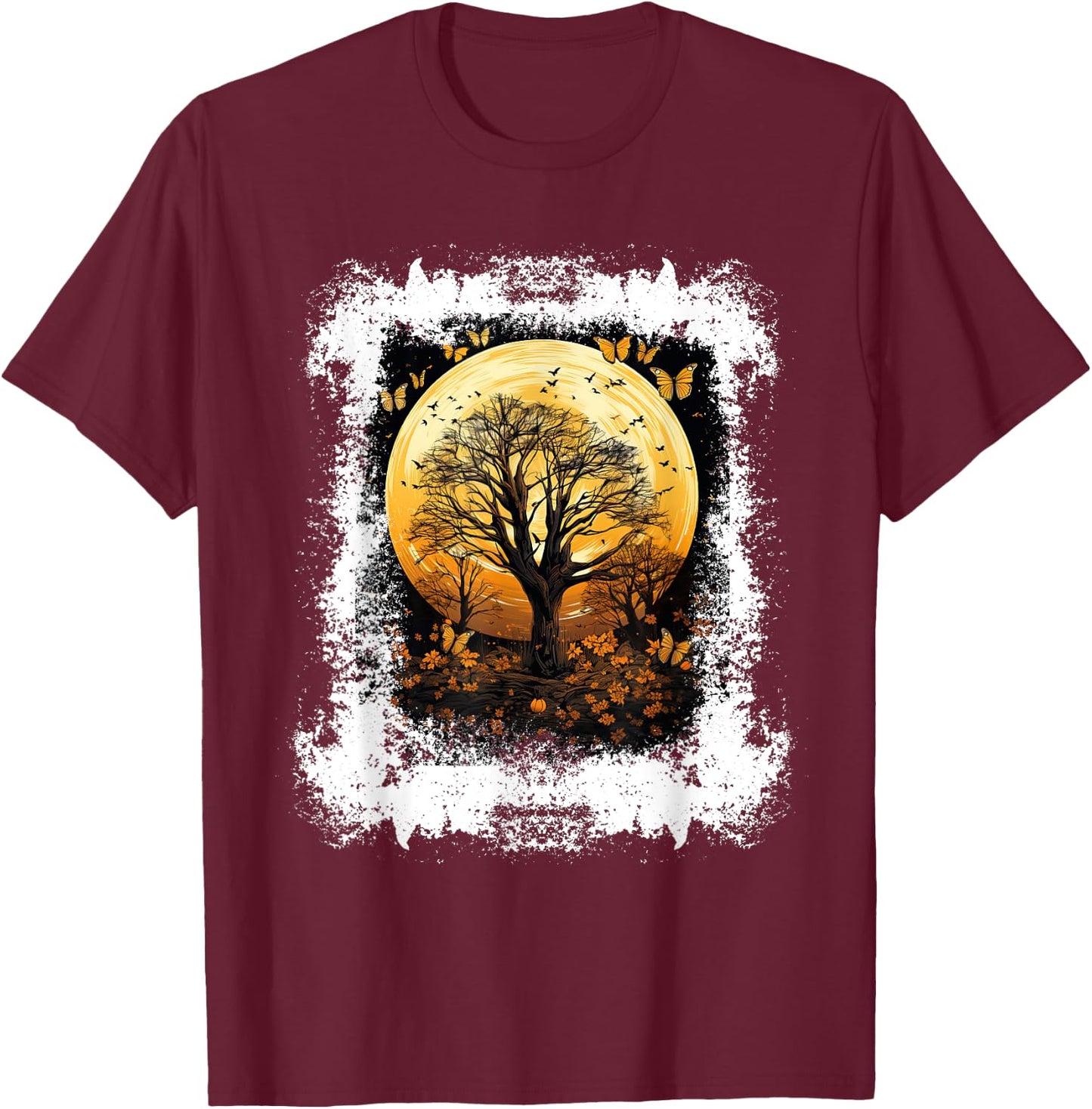 Fall Autumn falling leaves with Tree and Butterfly T-Shirt - T-Shirt | Maroon