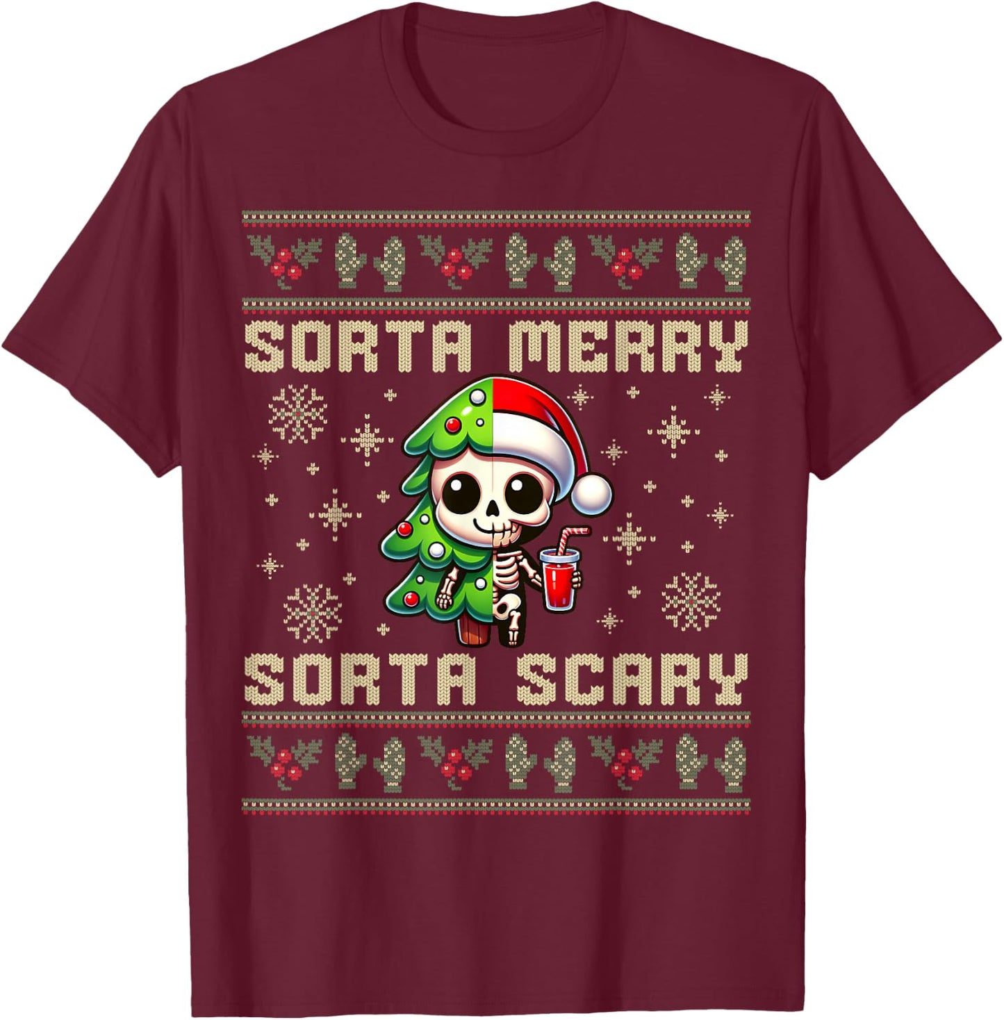 Funny Christmas Sorta Merry Sorta Scary Skeleton Xmas Men T-Shirt - T-Shirt | Maroon