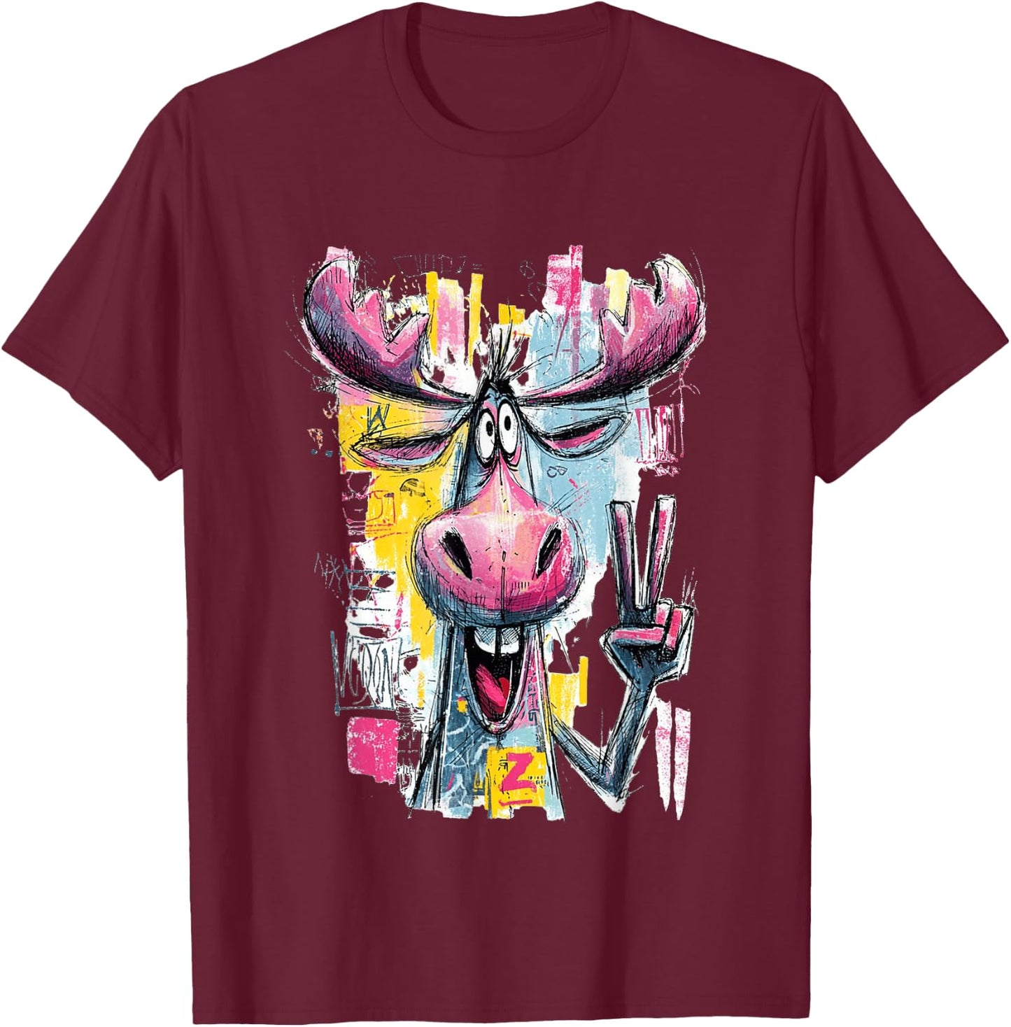 Funny Moose Peace Graffiti Pop Character Graphic Art Face T-Shirt - T-Shirt | Maroon