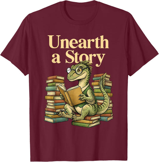 Unearth A Story Summer Reading 2026 Dinosaur Book Floral T-Shirt - T-Shirt | Maroon