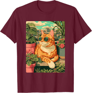 Chat tigré Roux avec Lunettes de Soleil Art Floral botanique Printemps T-Shirt - T-Shirt | Maroon