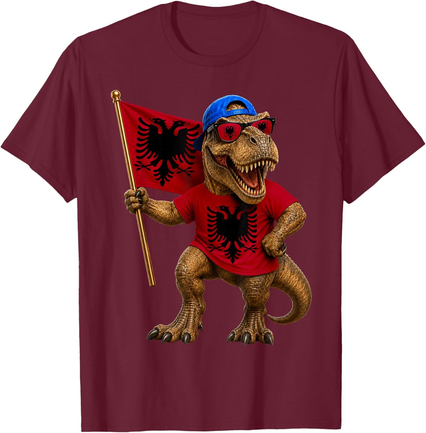 Albanian Flag Dinosaur Roots T-Rex Pride Albania T-Shirt - T-Shirt | Maroon