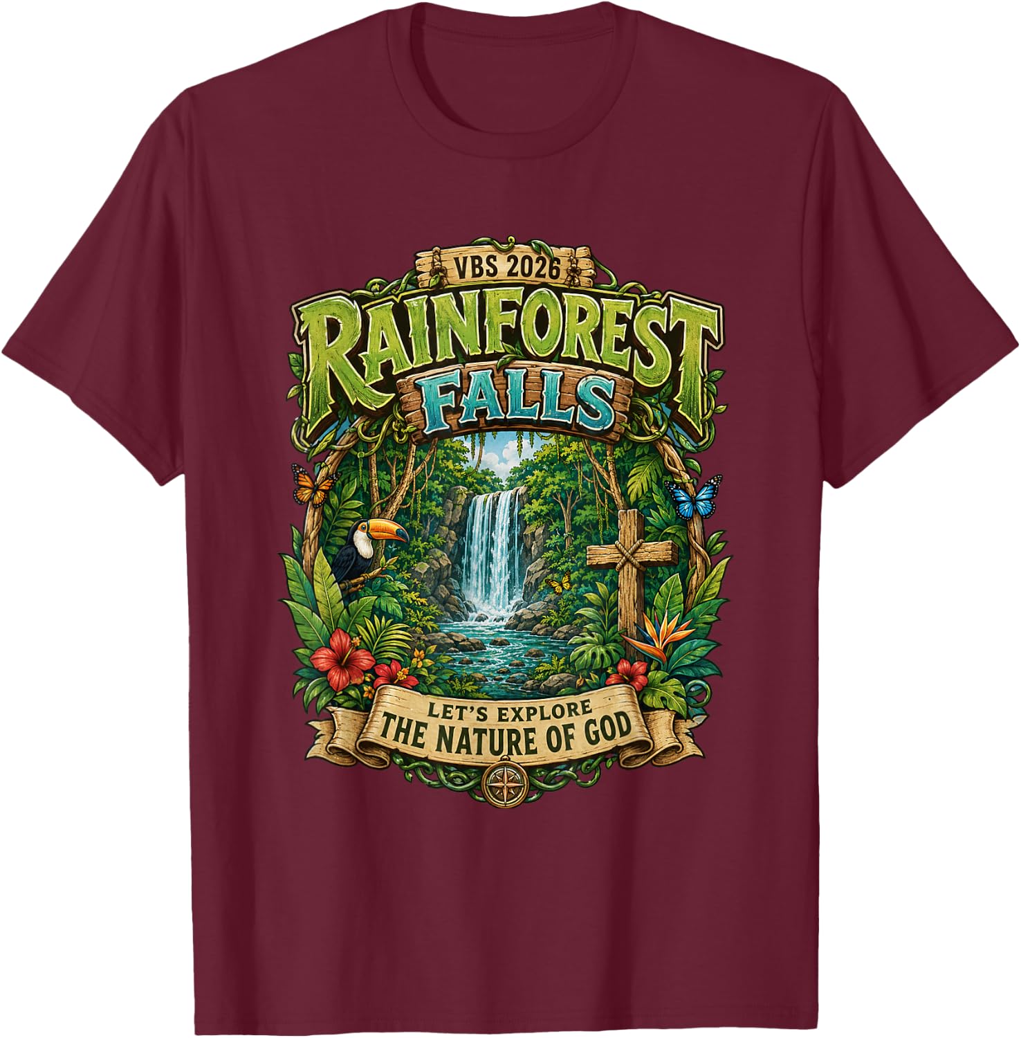 Rainforest.Falls VBS 2026.Jesus Faith Bible Verse Outfit T-Shirt - T-Shirt | Maroon