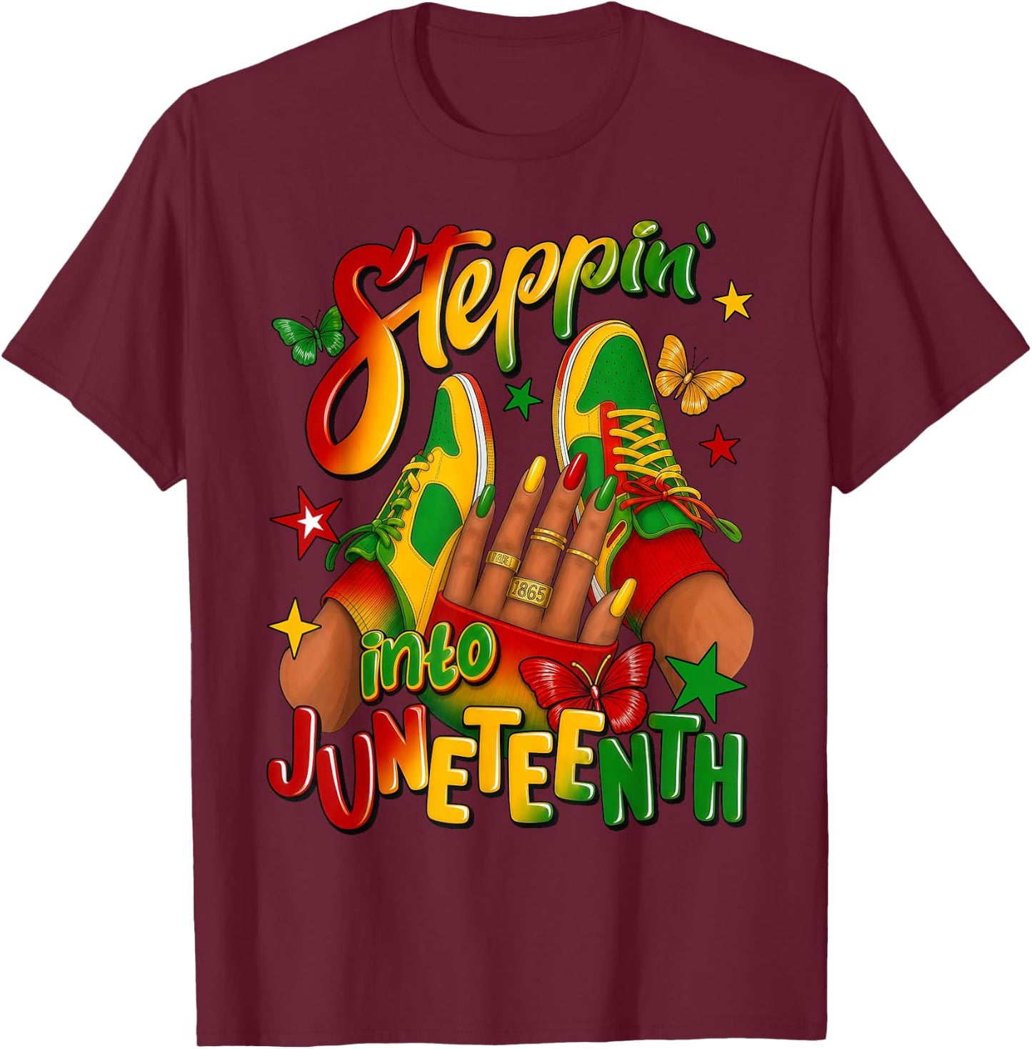 Steppin' Into Juneteenth 1865 Melanin Queen Afro Black Woman T-Shirt - T-Shirt | Maroon