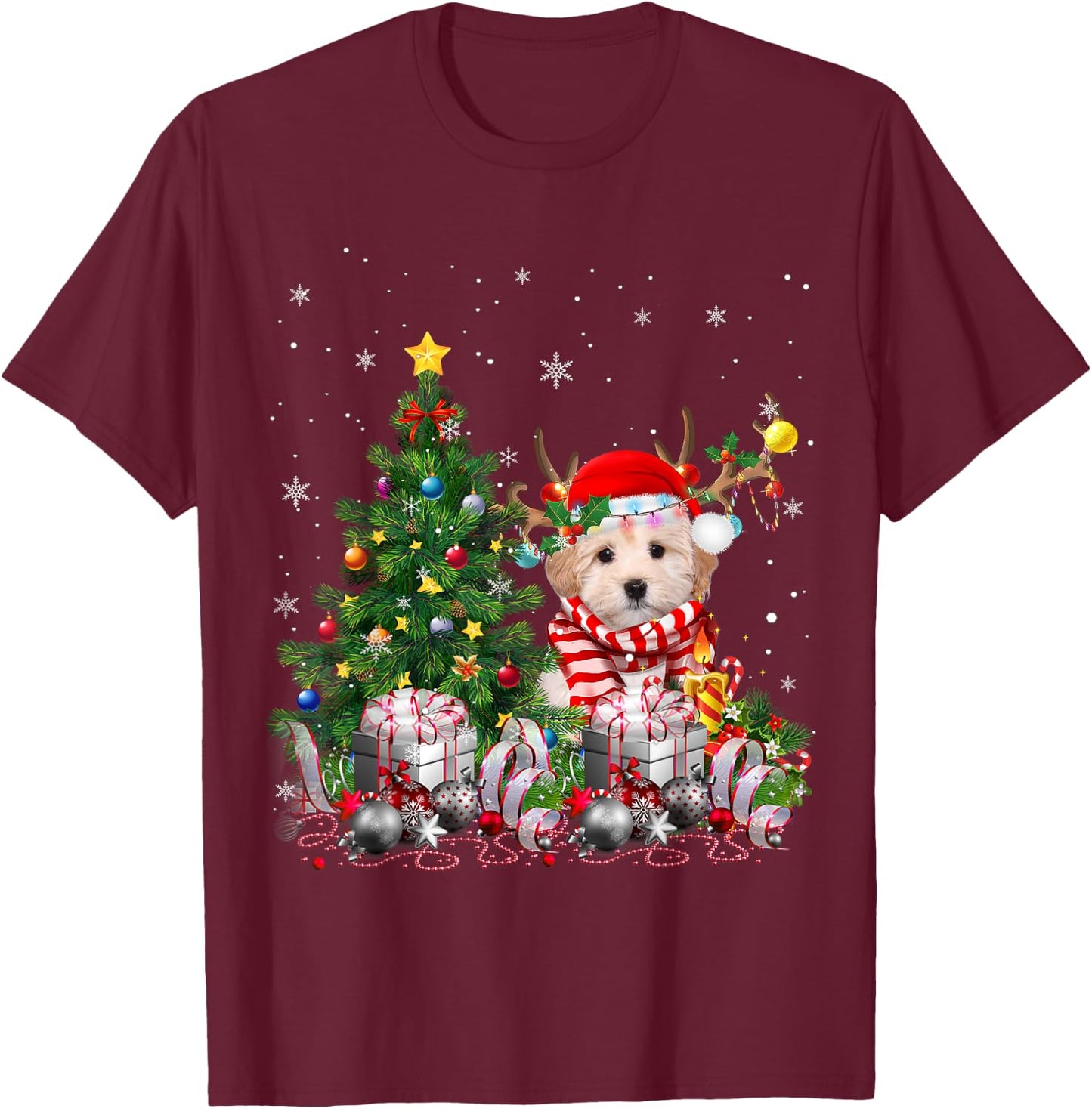 Maltipoo Dog Christmas Tree Lights Santa Pajamas Xmas Women Kids T-Shirt - T-Shirt | Maroon