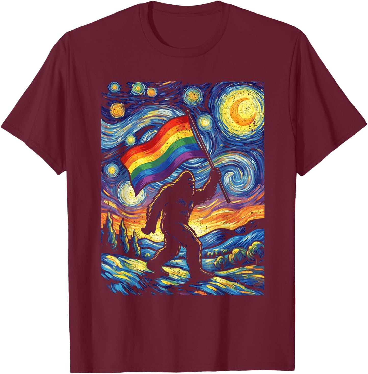 Bigfoot Starry Night Sasquatch Gay Pride LGBT Support T-Shirt - T-Shirt | Maroon