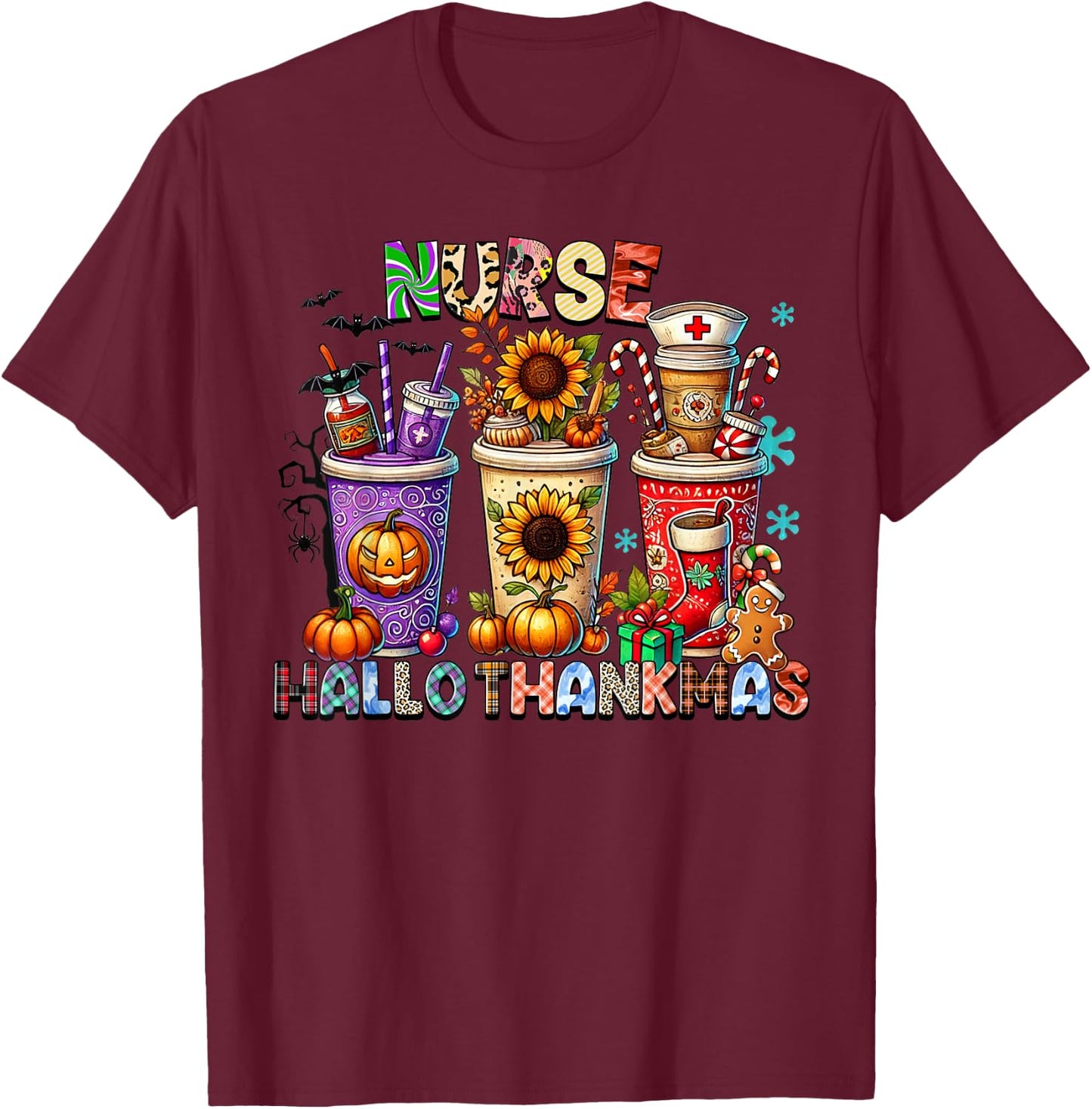 halloween thanksgiving christmas happy hallothanksmas Nurse T-Shirt - T-Shirt | Maroon