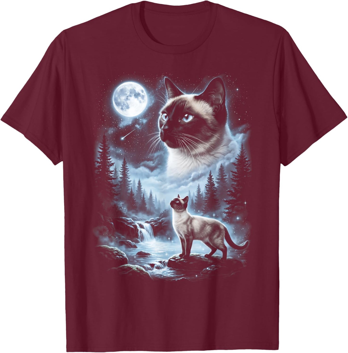 Siamese Cat Howling at Moon 90's Retro T-Shirt - T-Shirt | Maroon