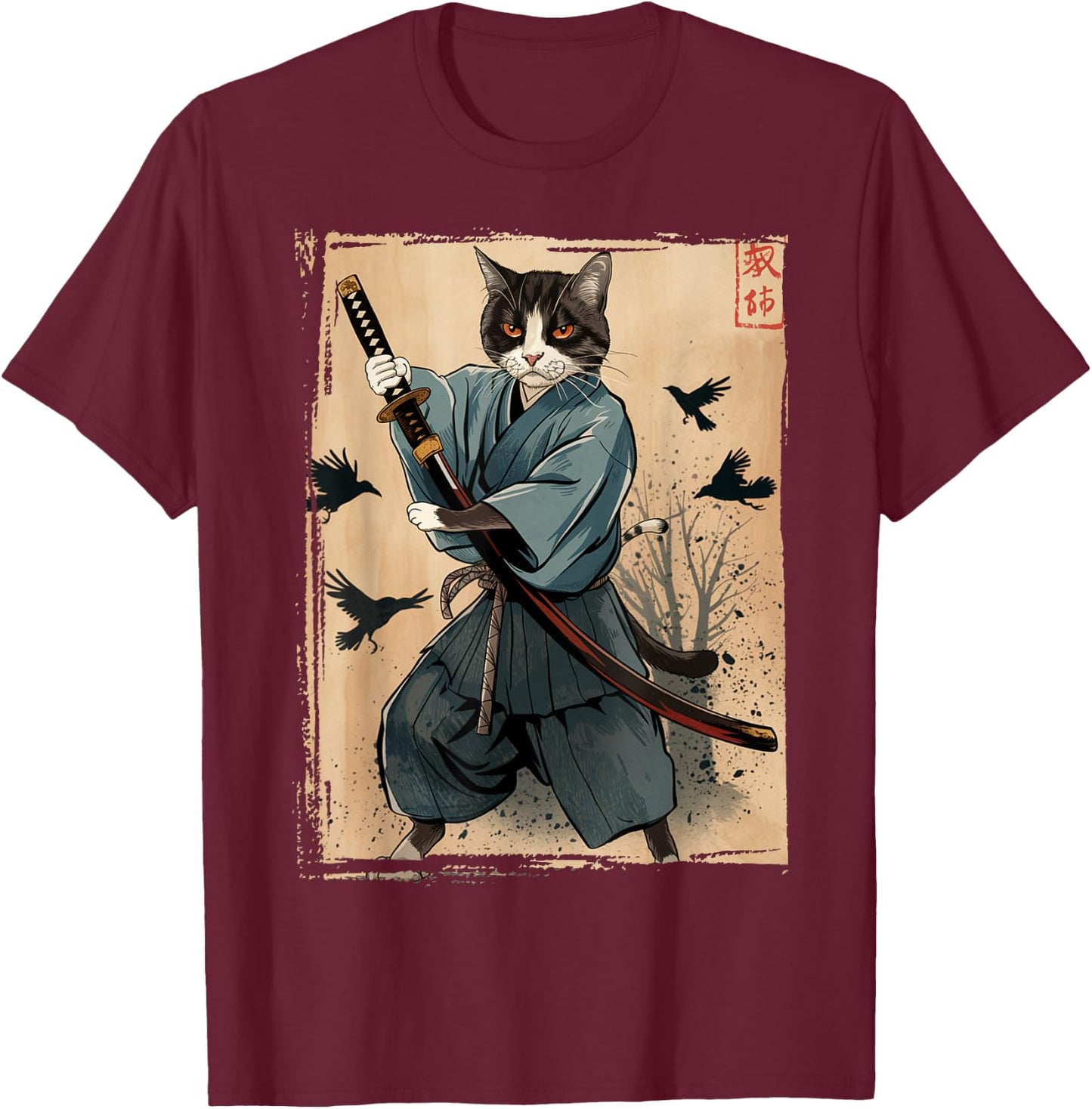 Samurai Cat Anime Cool Funny Graphic Women Kids T-Shirt - T-Shirt | Maroon