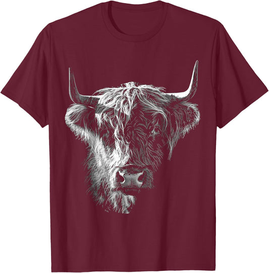 @n!mal Highland Cow Art Gesicht Tier Portrait Grafik Highland Cow für Tierliebhaber, Familien, Kinder - - Schwarz - S T-Shirt - T-Shirt | Maroon