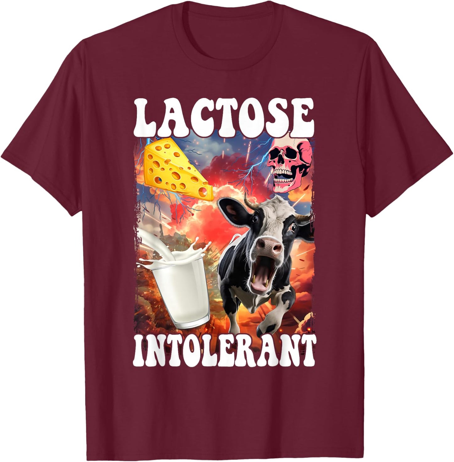 Laktose Intolerant Meme Milch Laktoseintoleranz - , Schwarz, S - Cartoon Meme Design, Klassische Passform, Kurzarm, Crew-Kragen, Laktoseintoleranz Humor T-Shirt - T-Shirt | Maroon