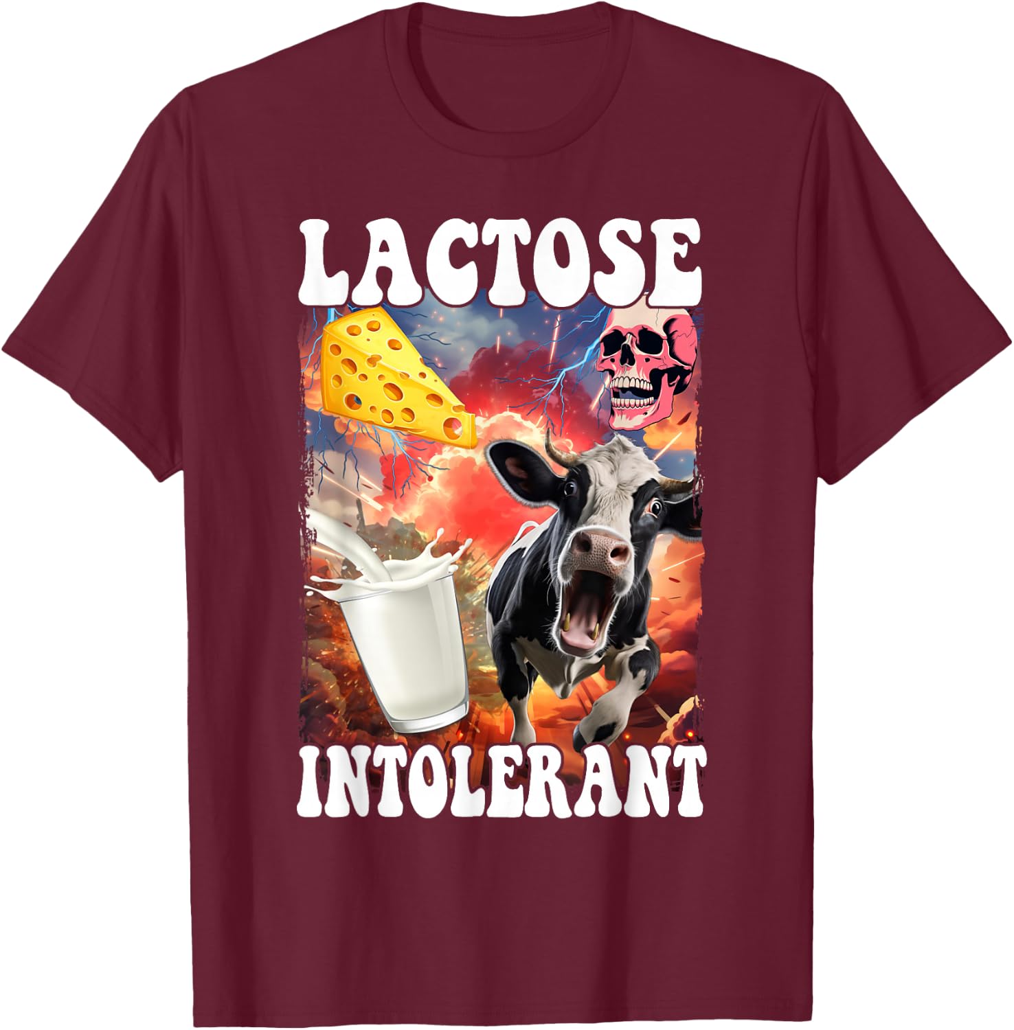 Laktose Intolerant Meme Milch Laktoseintoleranz - , Schwarz, S - Cartoon Meme Design, Klassische Passform, Kurzarm, Crew-Kragen, Laktoseintoleranz Humor T-Shirt - T-Shirt | Maroon
