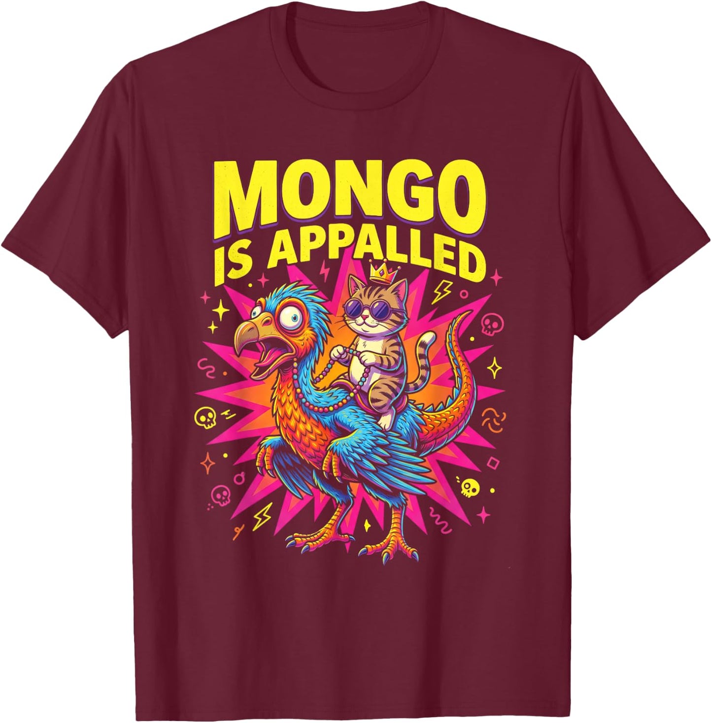 Mongo is Appalled Funny Cat Riding Dinosaur Meme T-Shirt - T-Shirt | Maroon
