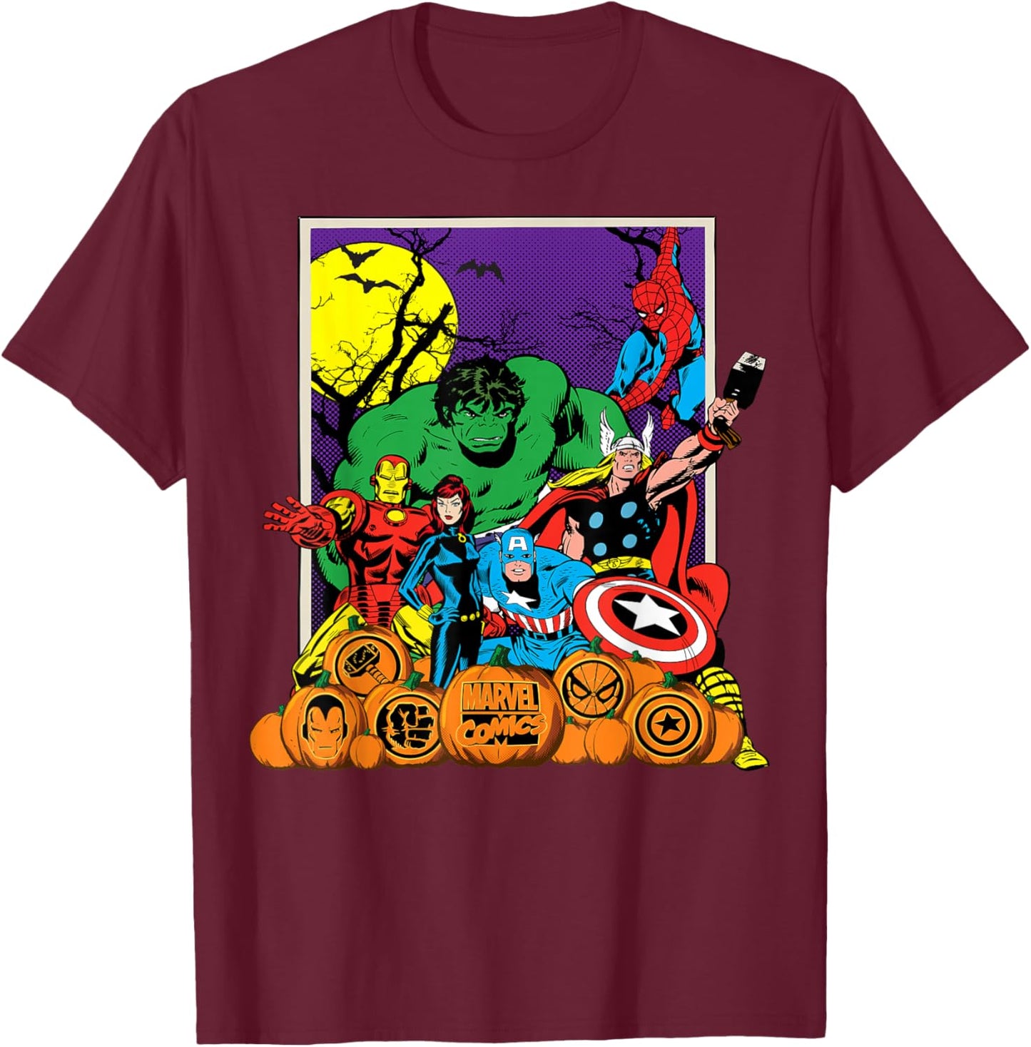 Marvel Heroes Pumpkin Patch Classic Retro Graphic T-Shirt - T-Shirt | Maroon