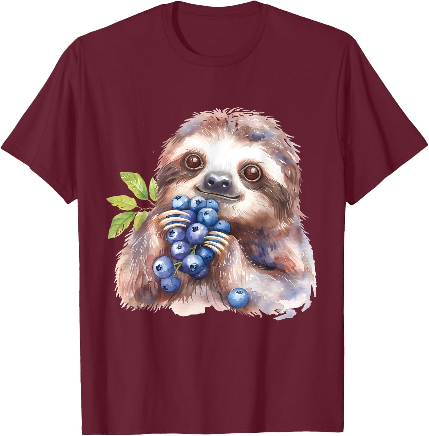 Blueberry Sloth Watercolor Motif Blueberries Animal Art T-Shirt - T-Shirt | Maroon