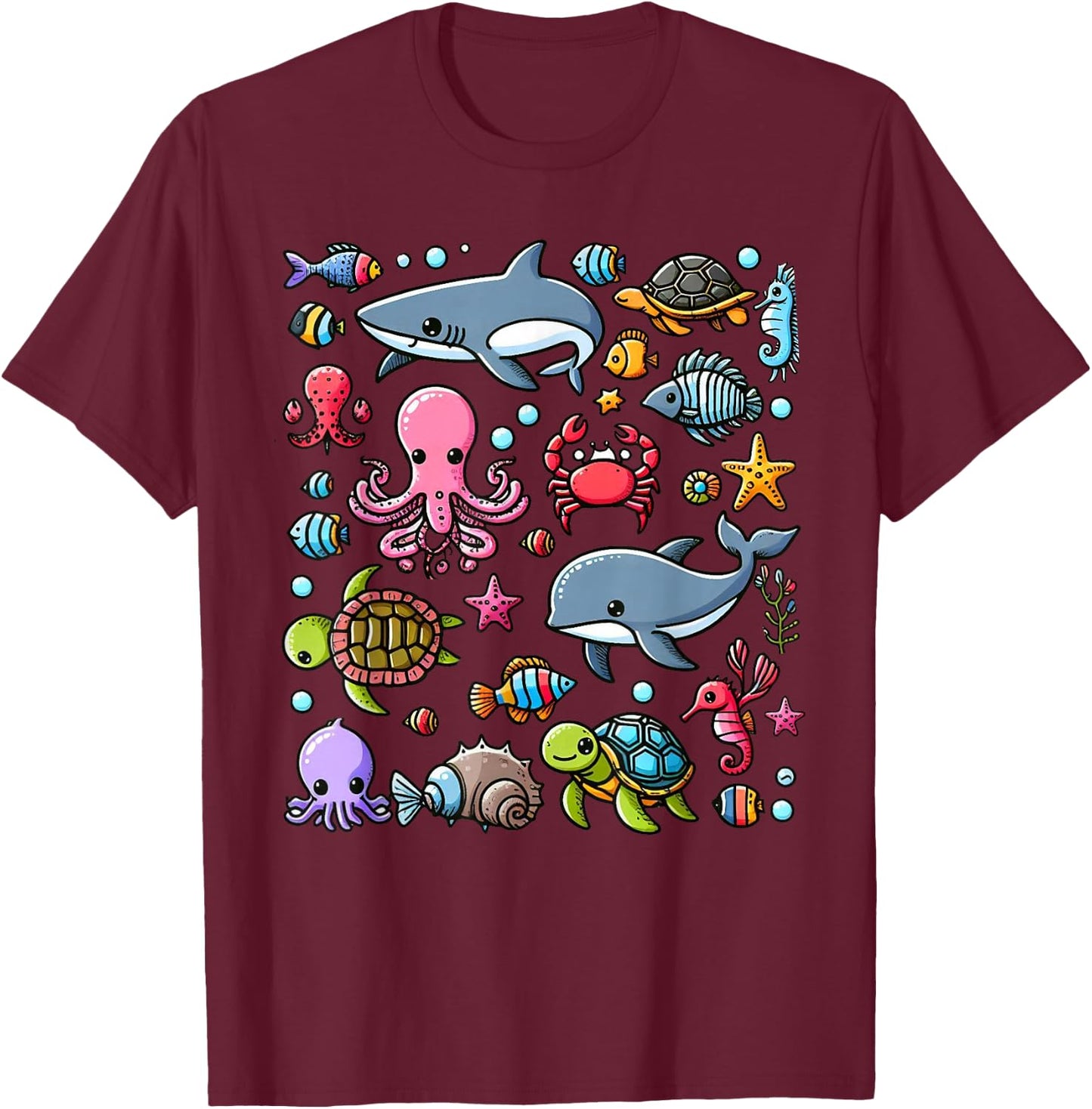 Colourful Sea Animals for Kids, Cute Sea Creatures , black T-Shirt - T-Shirt | Maroon
