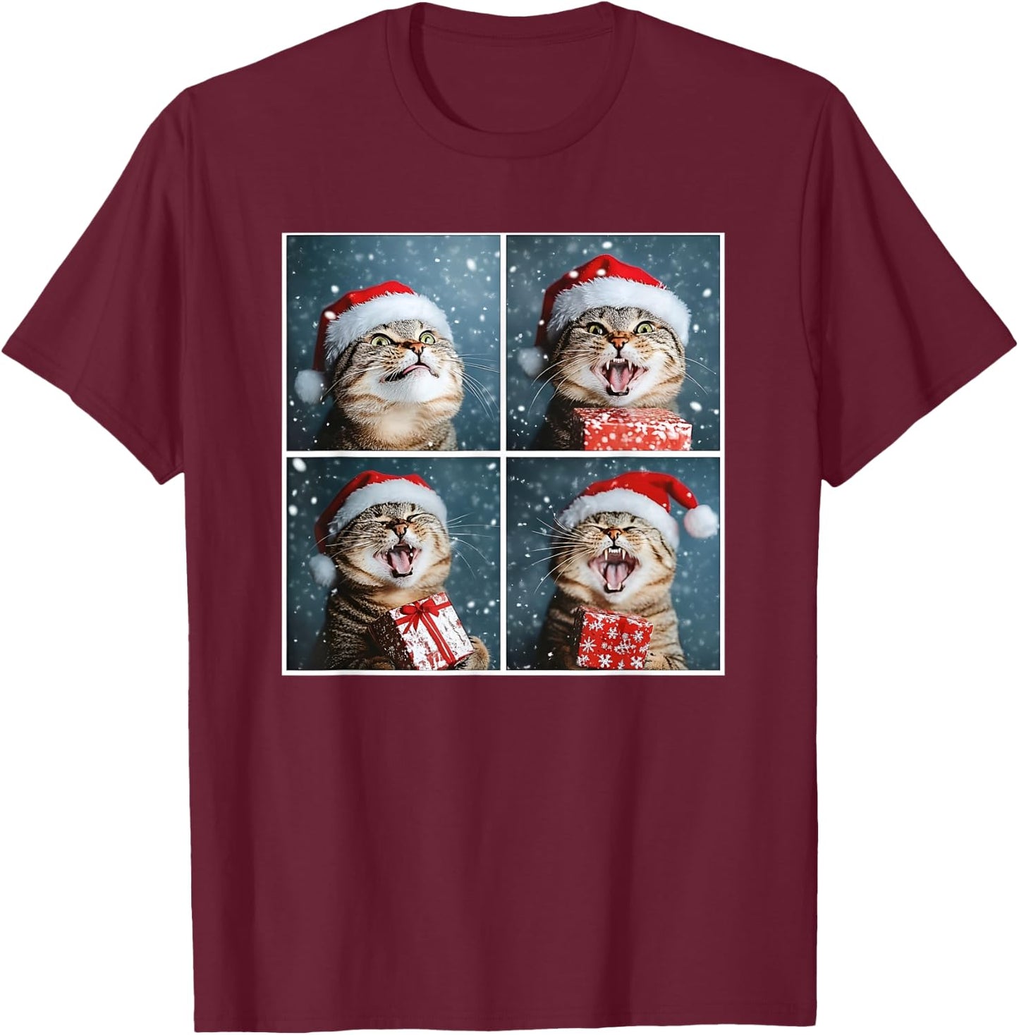 Winter Tabby Cat In Santa Hat Funny Christmas Cat T-Shirt - T-Shirt | Maroon