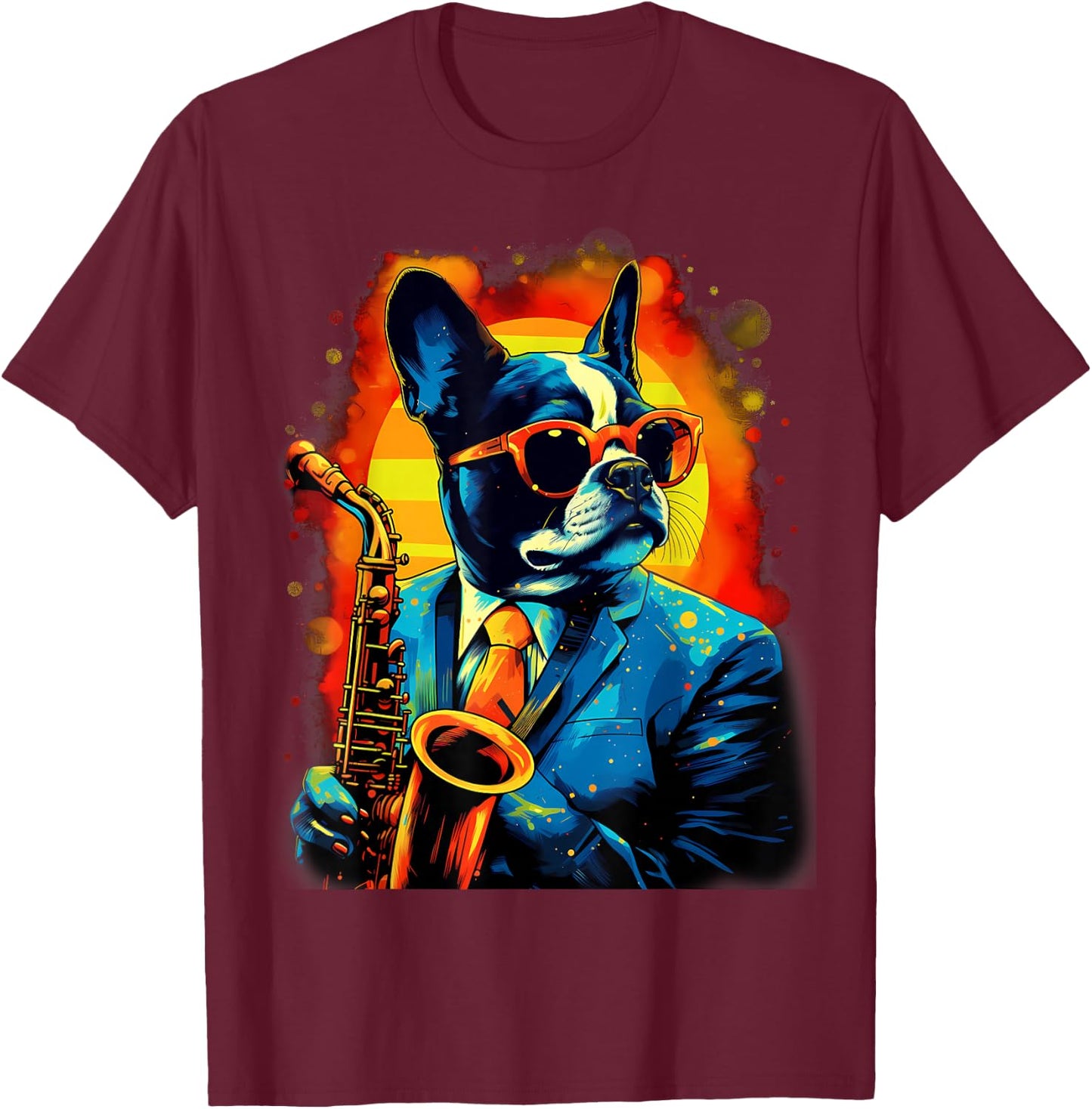 Jazz Musician Boston Terrier Dog Saxophone T-Shirt - T-Shirt | Maroon