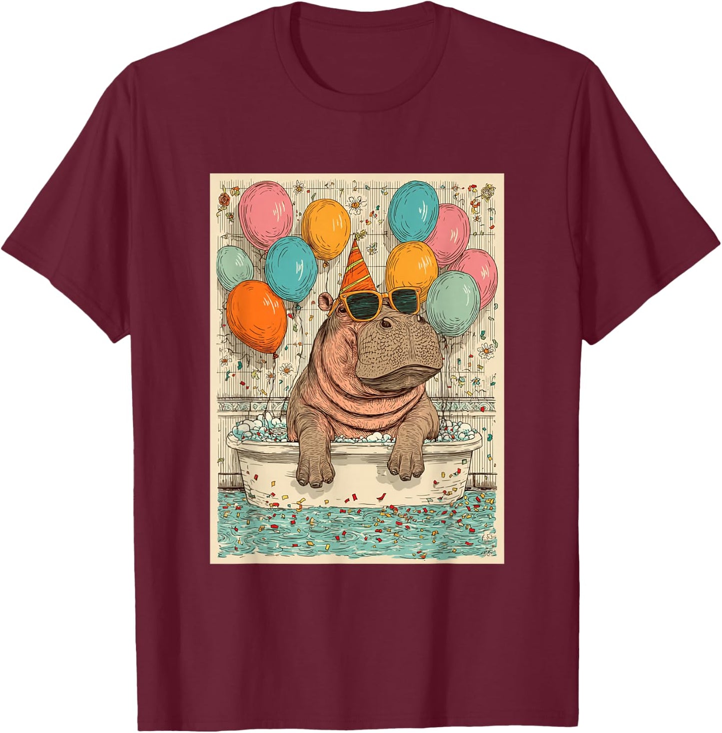 Hippo Birthday Party Balloons Bathtub Art Print T-Shirt - T-Shirt | Maroon