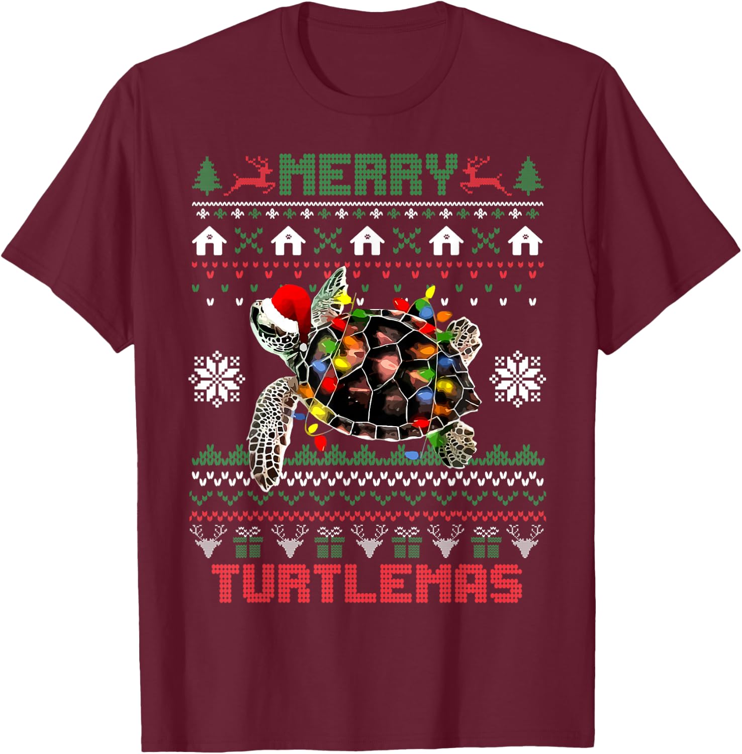 Merry Turtlemas Christmas Lights Cute Turtle Santa Hat T-Shirt - T-Shirt | Maroon