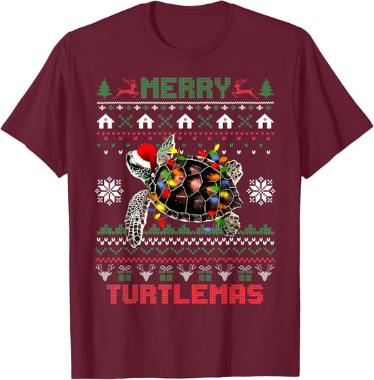 Merry Turtlemas Christmas Lights Cute Turtle Santa Hat T-Shirt - T-Shirt | Maroon