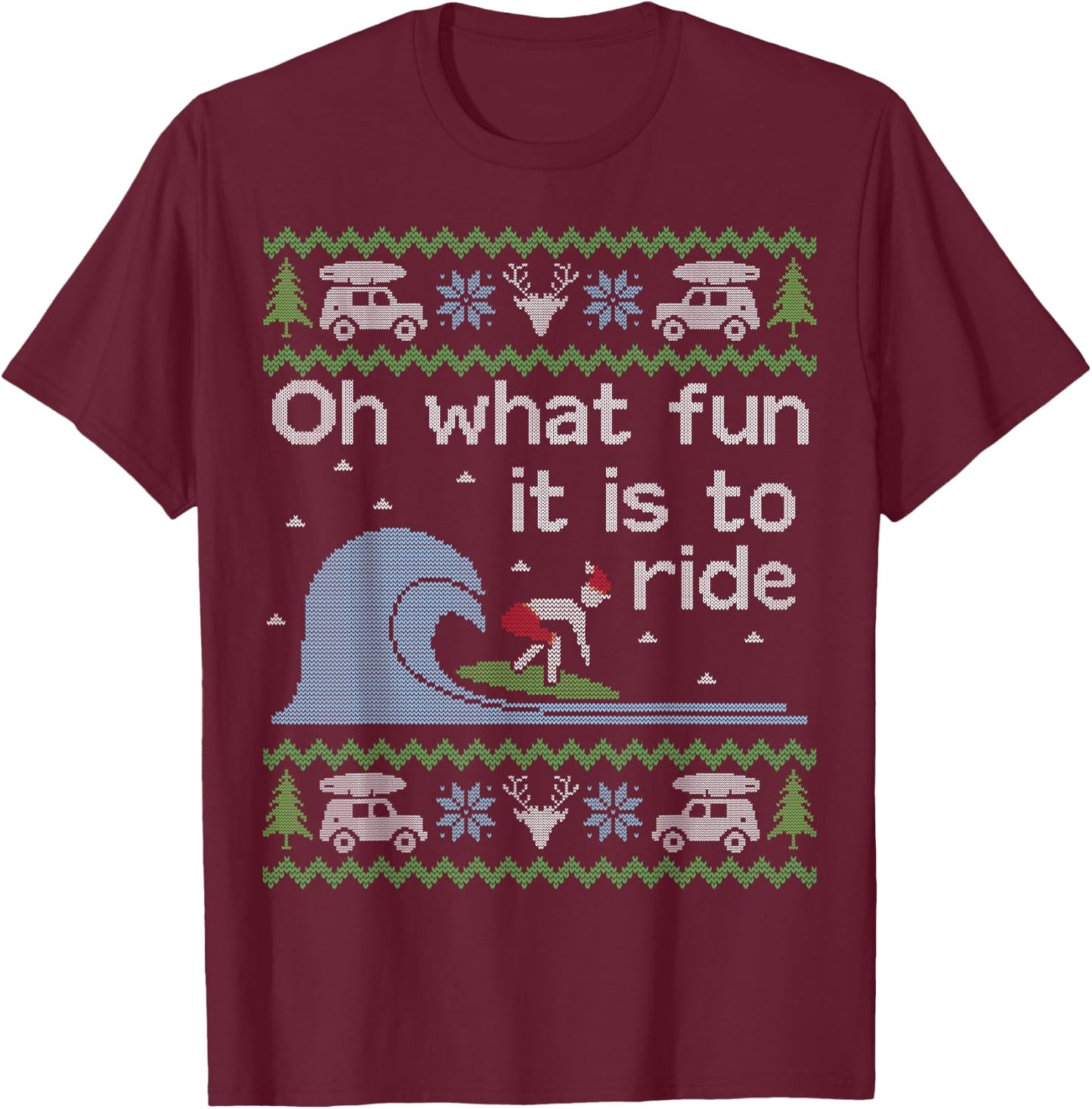 Funny Ugly Sweater Christmas Surfing Surfer Surf Board Shirt T-Shirt - T-Shirt | Maroon