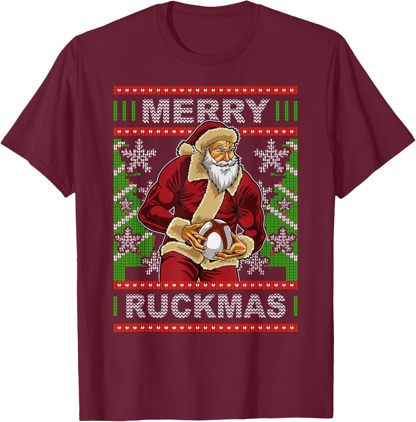 Rugby Ugly Christmas Santa Merry Ruckmas Xmas T-Shirt - T-Shirt | Maroon