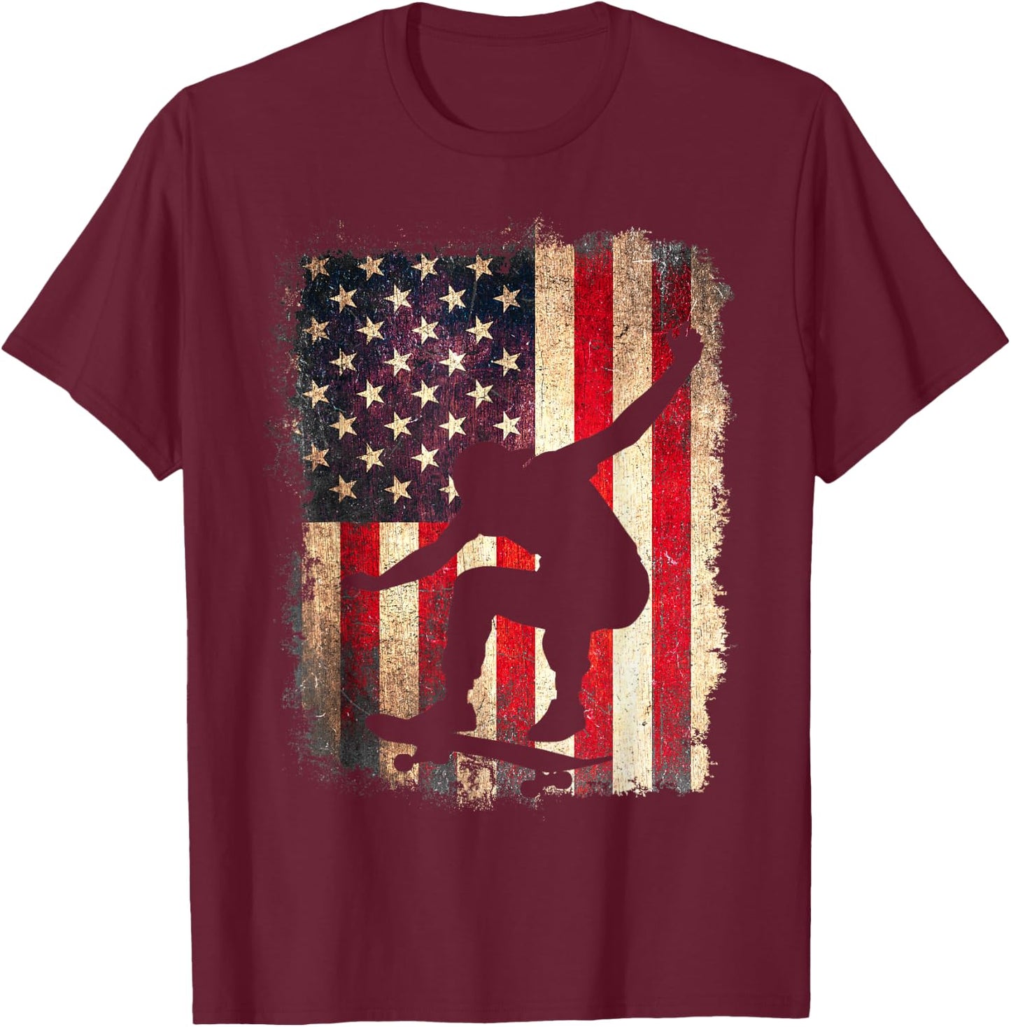 Skateboard American Flag Skateboarder Skater USA 4th of July T-Shirt - T-Shirt | Maroon