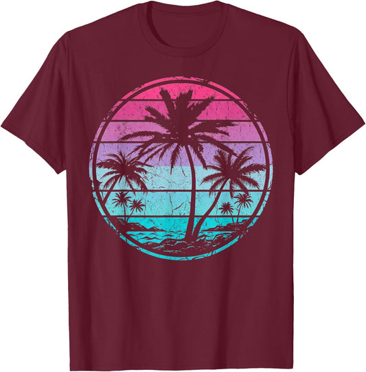 Palm Tree Sunset Retro Beach Vintage Tropical Designs T-Shirt - T-Shirt | Maroon